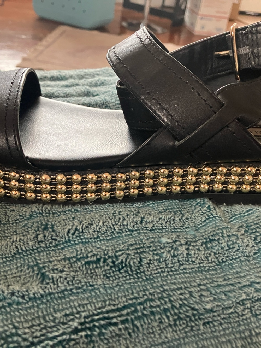 Chelsea & Violet Black Platform Sandal with Gold Beaded Trim